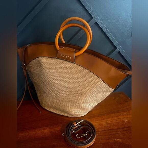 Lanidor Woven Satchel Purse w/ Leather Details Wood Top Handle Adjustabl… - Picture 3 of 9